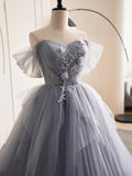 Gray Tulle Long A-Line Prom Dress, Off Shoulder Evening Dress Party Dress HZ0429
