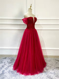 Burgundy Tulle Beaded Long Formal Dress, Off Shoulder Evening Party Dress HZ0429