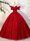 Red Tulle Long A-Line Ball Gown, Red Off Shoulder Formal Dress HZ0429