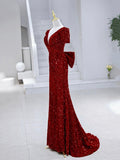 Mermaid Sequins Long Prom Dress, Burgundy V-Neck Evening Dress HZ0429