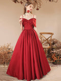 Burgundy Satin Beaded Long Prom Dress, Cute Off Shoulder Evening Dress HZ0429