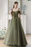Green Spaghetti Strap Tulle Long Prom Dress, Beautiful A-Line Evening Dress HZ0429