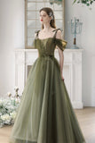 Green Spaghetti Strap Tulle Long Prom Dress, Beautiful A-Line Evening Dress HZ0429