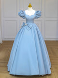 Blue Satin Long Prom Dress with Bow, Blue A-Line Formal Evening Dress HZ0429