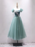 Green Velvet Tulle Tea Length Prom Dress, Cute A-Line Party Dress with Lace HZ0429