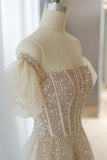 A-Line Tulle Beaded Long Prom Dress, Champagne Short Sleeve Evening Dress HZ0429