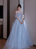 Blue Tulle Sequins Long Prom Dresses, Beautiful Off Shoulder Blue Evening Dresses HZ0429