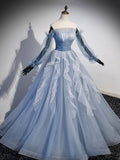 Blue Strapless Tulle Long Prom Dress, Chic A-Line Formal Dress with Long Sleeves HZ0429