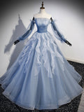 Blue Strapless Tulle Long Prom Dress, Chic A-Line Formal Dress with Long Sleeves HZ0429