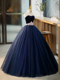 Blue Tulle Long Formal Dress with Velvet, Blue Sweetheart Neck Prom Dress HZ0429