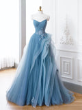 Blue Tulle Lace Long Formal Dress, A-Line Blue Evening Prom Dress HZ0429