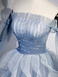 Blue Strapless Tulle Long Prom Dress, Chic A-Line Formal Dress with Long Sleeves HZ0429