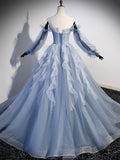 Blue Strapless Tulle Long Prom Dress, Chic A-Line Formal Dress with Long Sleeves HZ0429