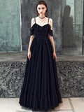 Black Spaghetti Strap Tulle Floor Length Formal Dress, A-Line Black Party Dress with Lace HZ0429