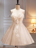 Champagne Spaghetti Strap Party Dress, Cute A-Line Evening Dress Homecoming Dress HZ0429