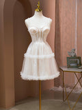 Champagne Spaghetti Strap Party Dress, Cute A-Line Evening Dress with Pearls HZ0429