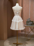 Champagne Spaghetti Strap Party Dress, Cute A-Line Evening Dress with Pearls HZ0429