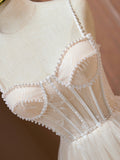 Champagne Spaghetti Strap Party Dress, Cute A-Line Evening Dress with Pearls HZ0429