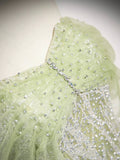 Green Tulle Sequins Long Prom Dress, Beautiful Off the Shoulder Party Dress HZ0429