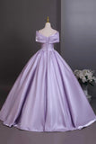 Elegant Lilac Off the Shoulder Satin Prom Dress with Beaded Embellishment HZ0429