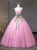 Pink Tulle Flower Long Prom Dresses, Lovely Spaghetti Formal Dresses Sweet 16 Dresses HZ0429