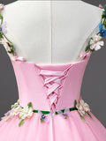 Pink Tulle Flower Long Prom Dresses, Lovely Spaghetti Formal Dresses Sweet 16 Dresses HZ0429