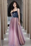 Cute Spaghetti Strap Velvet Tulle Long Prom Dress, A-Line Evening Dress HZ0429
