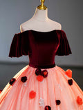 Burgundy Velvet Tulle Long Formal Dress, Off the Shoulder Sweet Flower Party Dress HZ0429