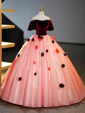 Burgundy Velvet Tulle Long Formal Dress, Off the Shoulder Sweet Flower Party Dress HZ0429