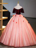 Burgundy Velvet Tulle Long Formal Dress, Off the Shoulder Sweet Flower Party Dress HZ0429