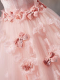 Pink Velvet and Tulle Long A-Line Prom Dress, Beautiful Strapless Evening Dress with Flowers HZ0429