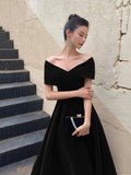 Black V-Neck Velvet Knee Length Prom Dress, Black Evening Party Dress HZ0429
