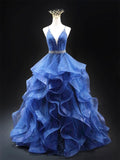 Blue Glitter Tulle Long A-Line Prom Dress, V-Neck Backless Evening Party Dress HZ0429