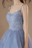 Blue V-Neck Tulle Lace Long Prom Dress, Lovely Spaghetti Straps Evening Dress HZ0429