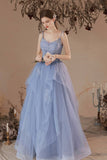 Blue V-Neck Tulle Lace Long Prom Dress, Lovely Spaghetti Straps Evening Dress HZ0429