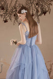 Blue V-Neck Tulle Lace Long Prom Dress, Lovely Spaghetti Straps Evening Dress HZ0429