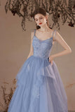 Blue V-Neck Tulle Lace Long Prom Dress, Lovely Spaghetti Straps Evening Dress HZ0429