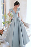 Cute Blue Saitn Long Prom Dress, A-Line Blue Evening Dress HZ0429