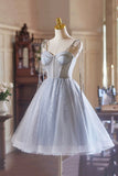 Gray Tulle Knee Length A-Line Party Dress, Lovely Spaghetti Strap Evening Dress HZ0429
