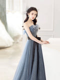 Gray Blue Tulle Long Prom Dress, Beautiful A-Line Strapless Evening Dress HZ0429