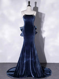 Blue Velvet Spaghetti Strap Long Prom Dress, Mermaid Bow Evening Party Dress HZ0429