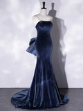 Blue Velvet Spaghetti Strap Long Prom Dress, Mermaid Bow Evening Party Dress HZ0429