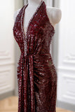 Burgundy Sequins Long Prom Dress, Mermaid V-Neck Evening Party Dress HZ0429
