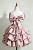 Blush Satin Bow Strapless Mini Dress - Ruffled Tiered Party Gown HZ0429