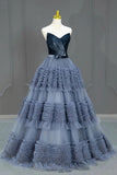 Blue A-Line Prom Dress, Elegant Strapless Layered Tulle Ruffled Formal Dress HZ0429
