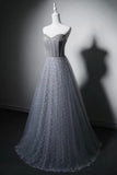 Elegant Grey Strapless Tulle Evening Gown with Rhinestone Bodice HZ0429