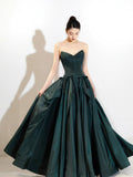 Dark Green Satin Long Prom Dress, A-Line Strapless Evening Party Dress HZ0429
