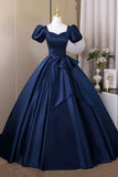 Navy Satin Long Prom Dress, Elegant Short Sleeve Evening Party Dress HZ0429