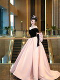 Black Velvet and Pink Satin Long Prom Dress, Beautiful A-Line Off the Shoulder Party Dress HZ0429