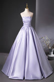 Lilac Satin Floor Length A-Line Prom Dress, Beautiful Strapless Party Dress HZ0429